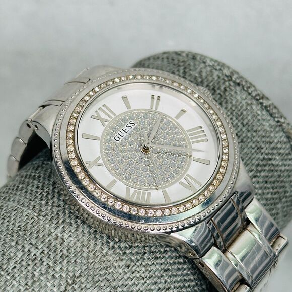 Guess Watch Womens 36mm Rhinestone Bezel Dial Silver Tone U0637L1 New Battery - Picture 1 of 15